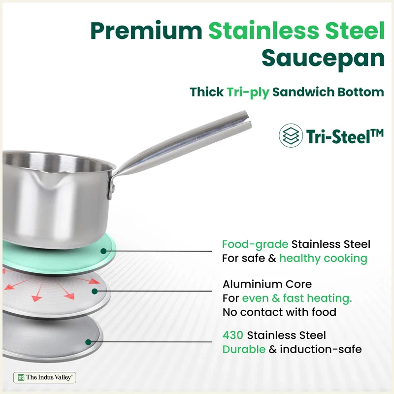 Premium Quality Tri-Steel Stainless Steel Tea/Milk Pan/Saucepan 1.3 L, 3 Layer Thick Bottom, Non-stick, Induction & Gas, - Image 4