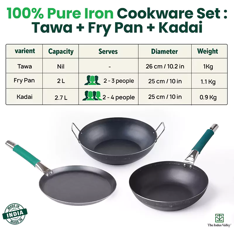 100% Pure Iron Cookware Set: Tawa 26 cm + Fry Pan 25 cm + Kadai 25 cm, Toxin-free Sheet Iron, Pre-seasoned, Kitchen Set for Home - Image 2