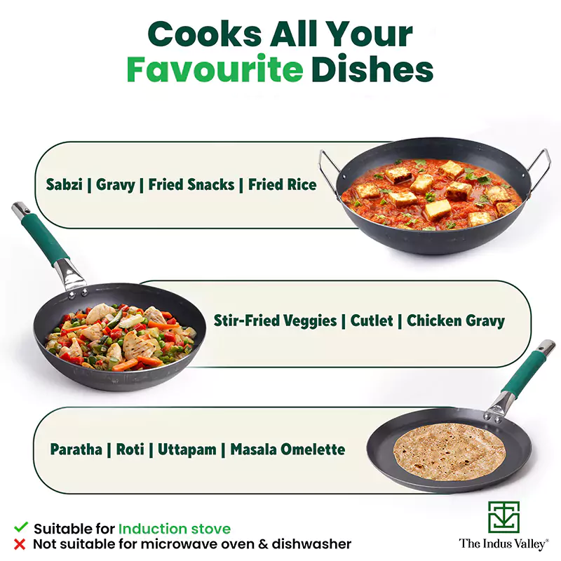 100% Pure Iron Cookware Set: Tawa 26 cm + Fry Pan 25 cm + Kadai 25 cm, Toxin-free Sheet Iron, Pre-seasoned, Kitchen Set for Home - Image 4