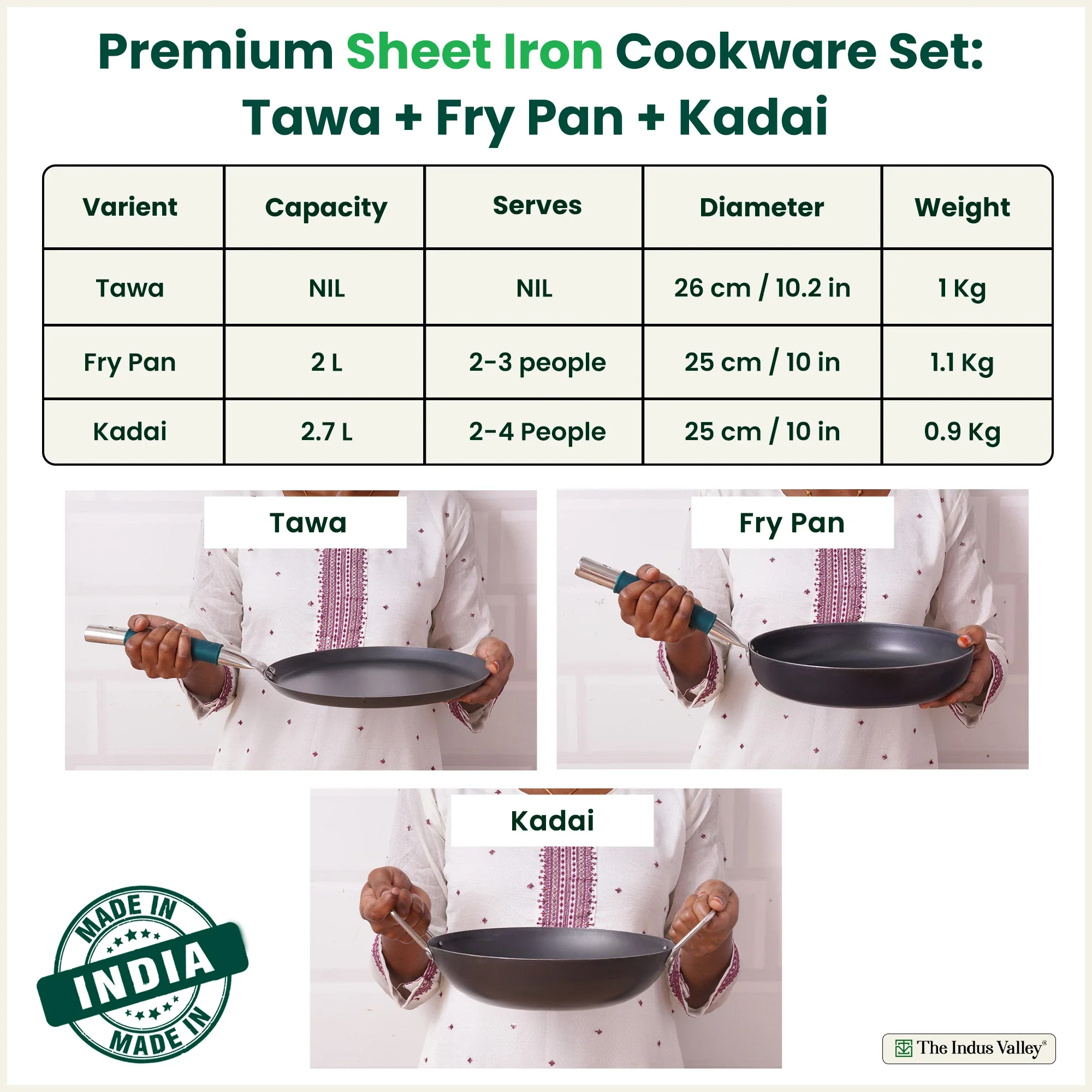 100% Pure Sheet Iron Cookware Set - Tawa(26cm), Fry Pan(25cm), Kadai(25cm) with Silicone Handle, Pre-Seasoned, Induction & Gas Compatible + Free ₹400 Tadka Pan - Image 2