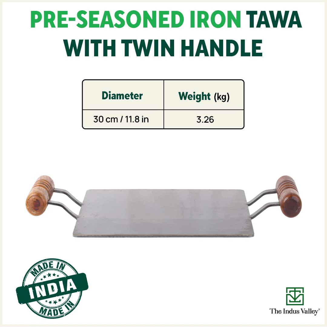 100% Pure Iron Square Tawa 30.5cm with Double Wooden Handles, Pre-Seasoned, Toxin-free, Induction - Image 3