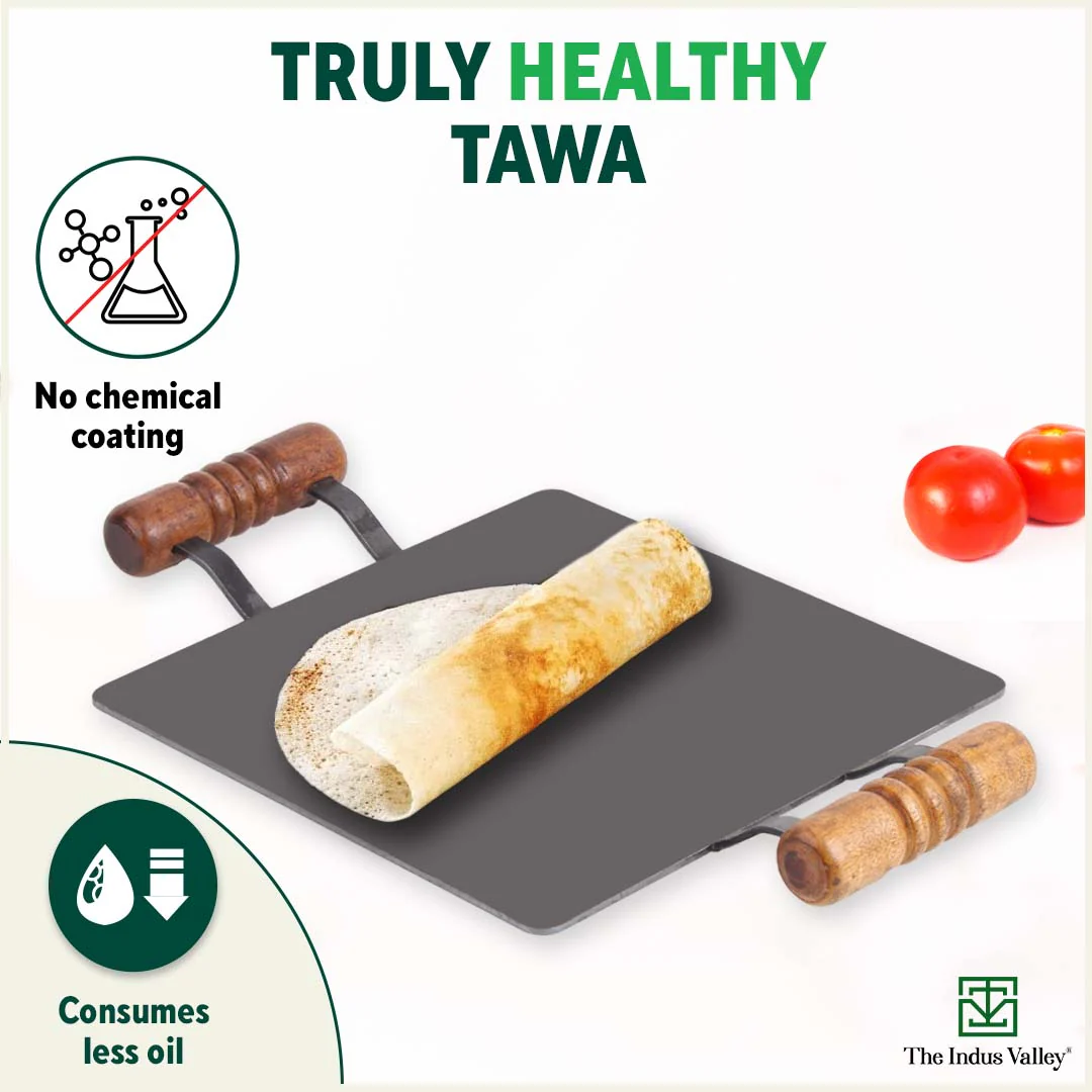 100% Pure Iron Square Tawa 30.5cm with Double Wooden Handles, Pre-Seasoned, Toxin-free, Induction - Image 4