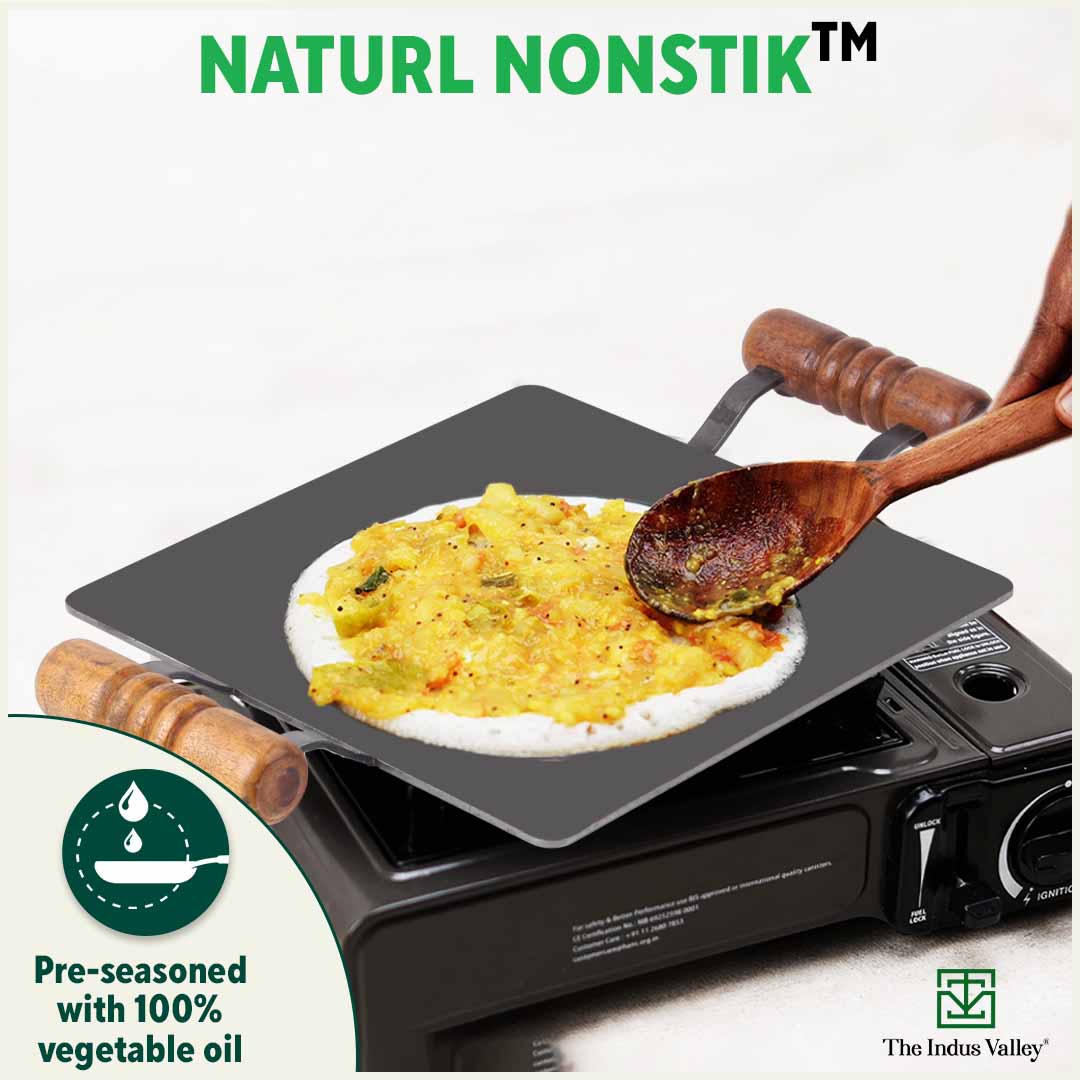 100% Pure Iron Square Tawa 30.5cm with Double Wooden Handles, Pre-Seasoned, Toxin-free, Induction - Image 8