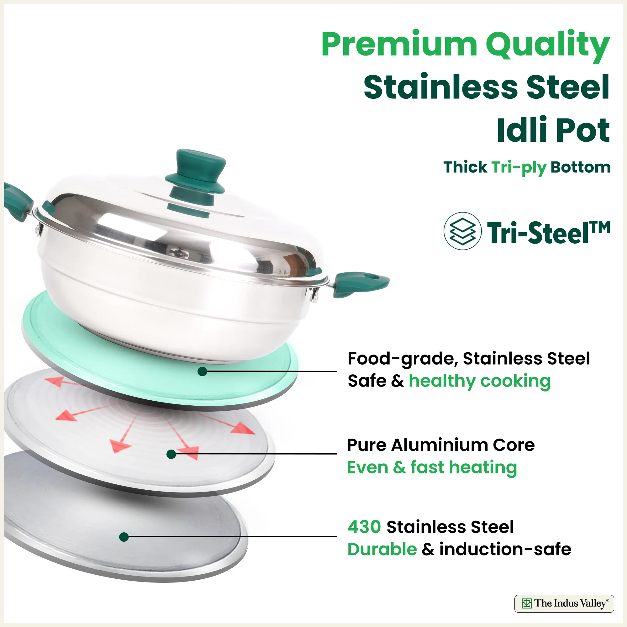 14 Pit Tri-Steel Multi Pot Premium Stainless Steel 27cm Idli/ Momo Maker/ Veg Steaming Set, Tri-ply Induction Bottom, 2 Plates - Image 2