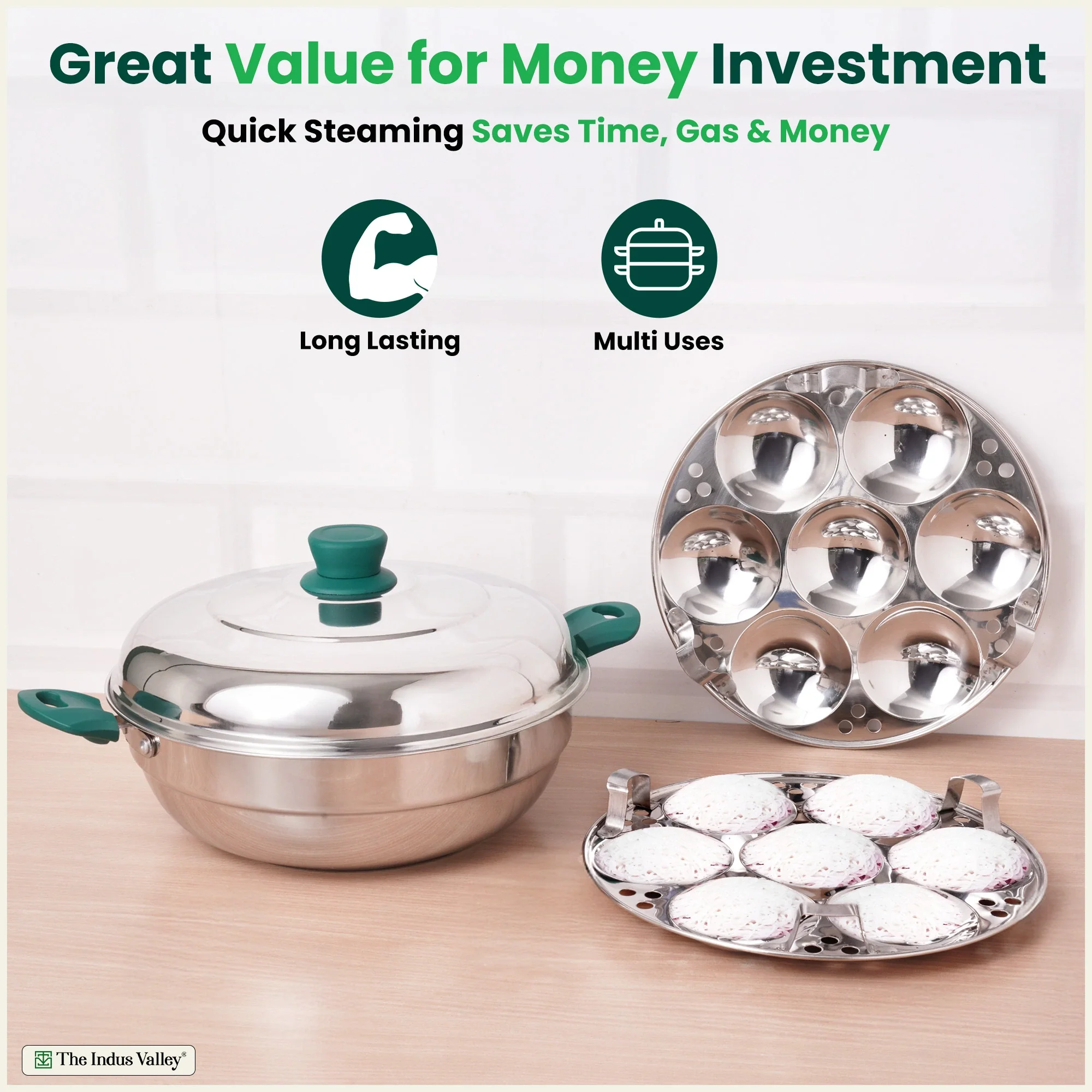 14 Pit Tri-Steel Multi Pot Premium Stainless Steel 27cm Idli/ Momo Maker/ Veg Steaming Set, Tri-ply Induction Bottom, 2 Plates - Image 4