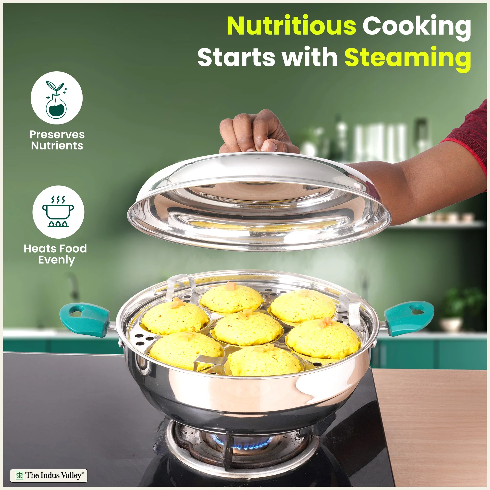 14 Pit Tri-Steel Multi Pot Premium Stainless Steel 27cm Idli/ Momo Maker/ Veg Steaming Set, Tri-ply Induction Bottom, 2 Plates - Image 6