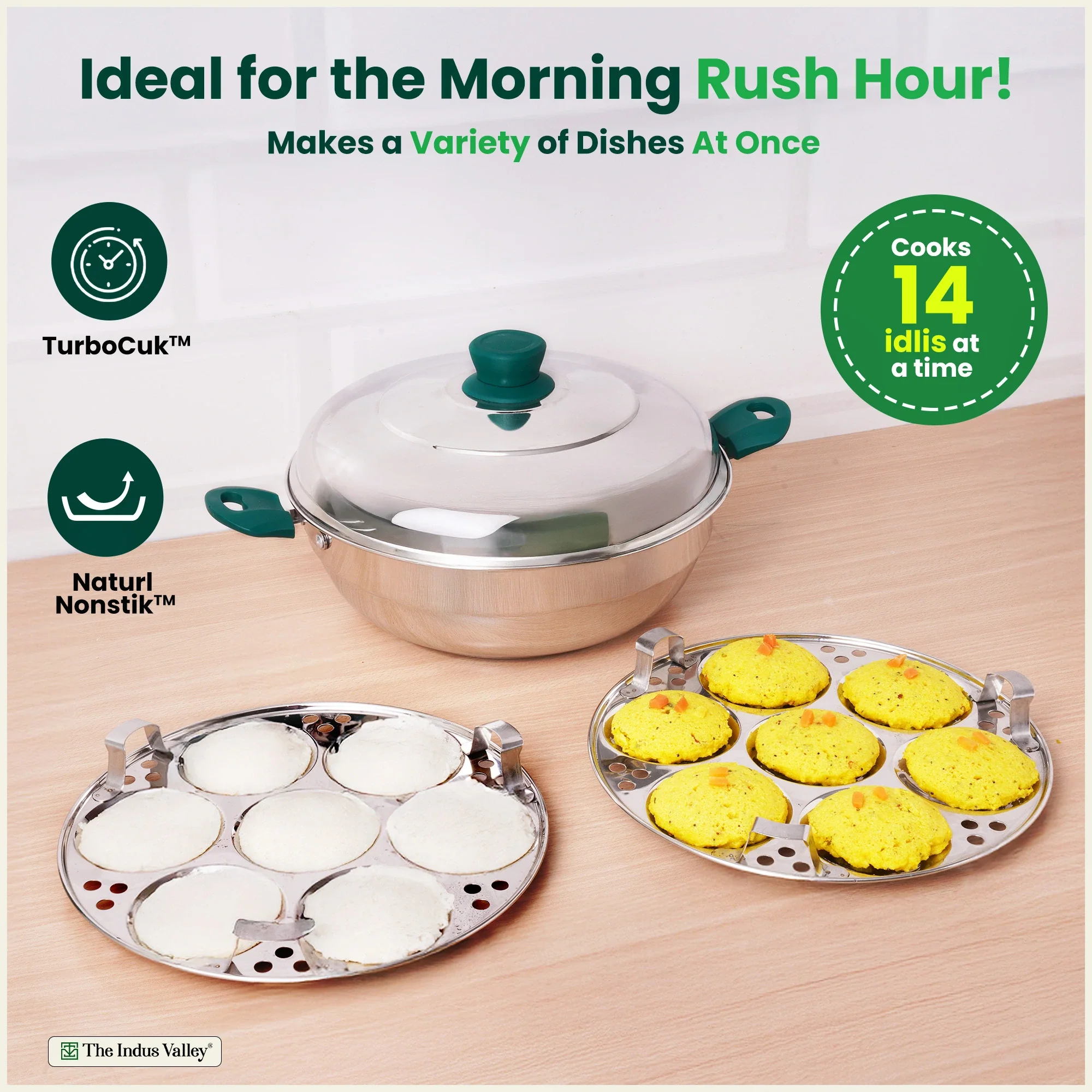 14 Pit Tri-Steel Multi Pot Premium Stainless Steel 27cm Idli/ Momo Maker/ Veg Steaming Set, Tri-ply Induction Bottom, 2 Plates - Image 7
