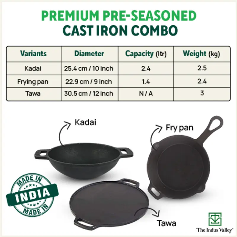 CASTrong Cast Iron Cookware Set: (30cm)Tawa+ (25.4cm)Kadai+ (22.9cm)Fry Pan, Kitchen Set for Home, Pre-seasoned, 100% Pure, Toxin-free, Free ₹400 Tadka Pan - Image 3