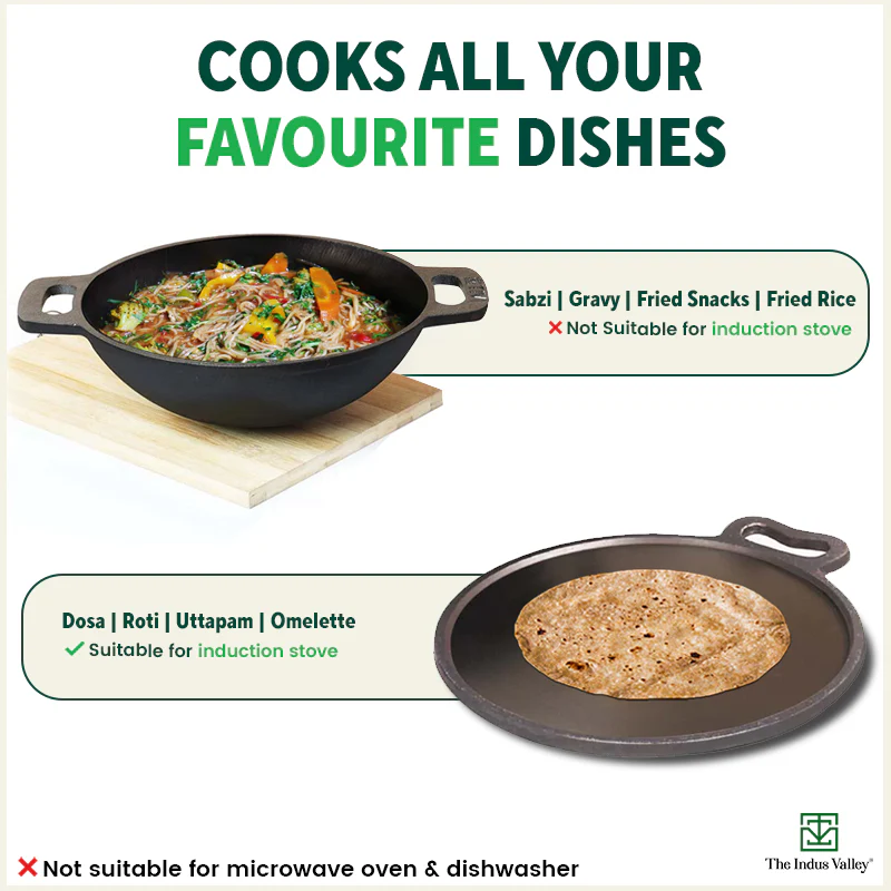 Super Smooth Cast Iron (25.4cm)Kadai+(28cm)Tawa+ Free 400 Tadka Pan, Kitchen set for Home, 100% Pure, Toxin-free, Naturally Nonstick - Image 11