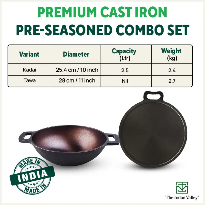 Super Smooth Cast Iron (25.4cm)Kadai+(28cm)Tawa+ Free 400 Tadka Pan, Kitchen set for Home, 100% Pure, Toxin-free, Naturally Nonstick - Image 3