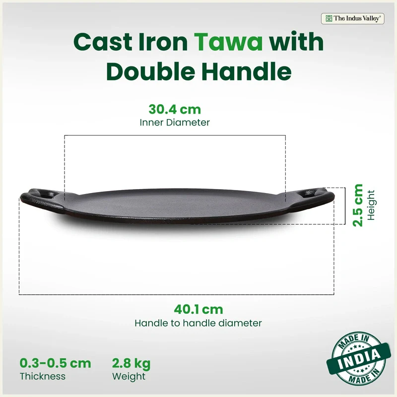 Cast iron Double handle Tawa 30.4cm, Pre-seasoned, Naturally Nonstick, 100% Pure, Toxin-free, Gas & Induction - Image 2