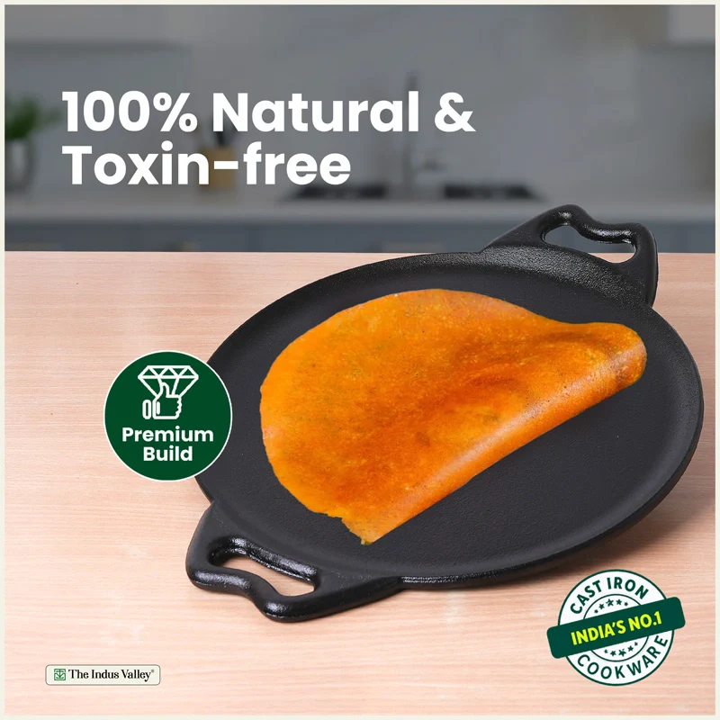 Cast iron Double handle Tawa 30.4cm, Pre-seasoned, Naturally Nonstick, 100% Pure, Toxin-free, Gas & Induction - Image 4