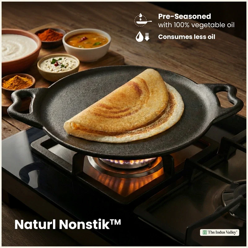 Cast iron Double handle Tawa 30.4cm, Pre-seasoned, Naturally Nonstick, 100% Pure, Toxin-free, Gas & Induction - Image 6