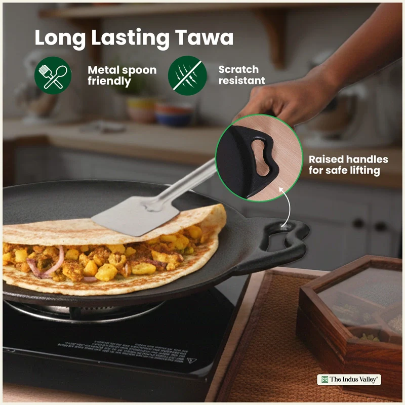 Cast iron Double handle Tawa 30.4cm, Pre-seasoned, Naturally Nonstick, 100% Pure, Toxin-free, Gas & Induction - Image 8