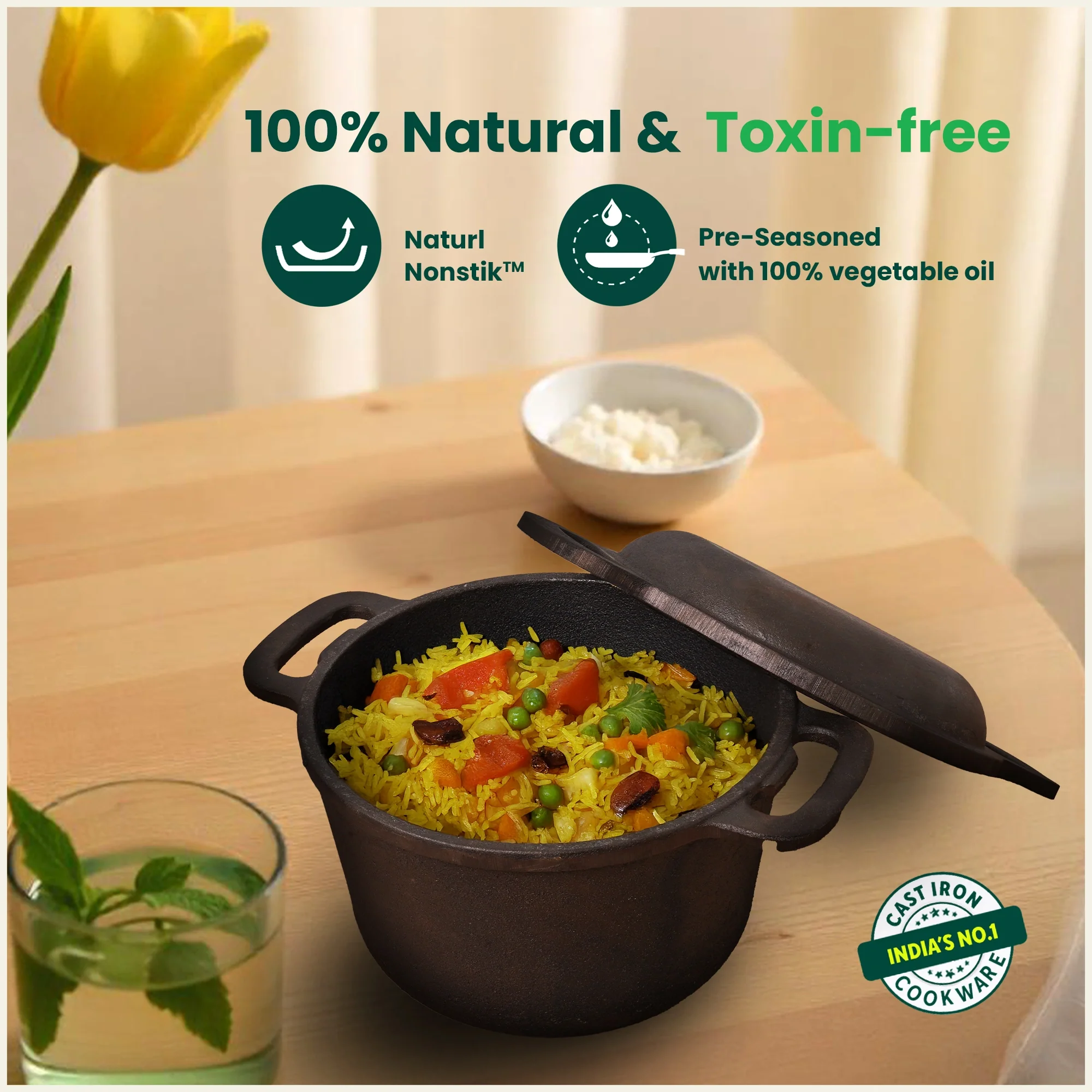 CASTrong Cast Iron Dutch Oven/ Casserole 3L with Lid,Pre-seasoned, 100% Pure, Toxin-free, Induction  21.4cm, 5.14kg - Image 5