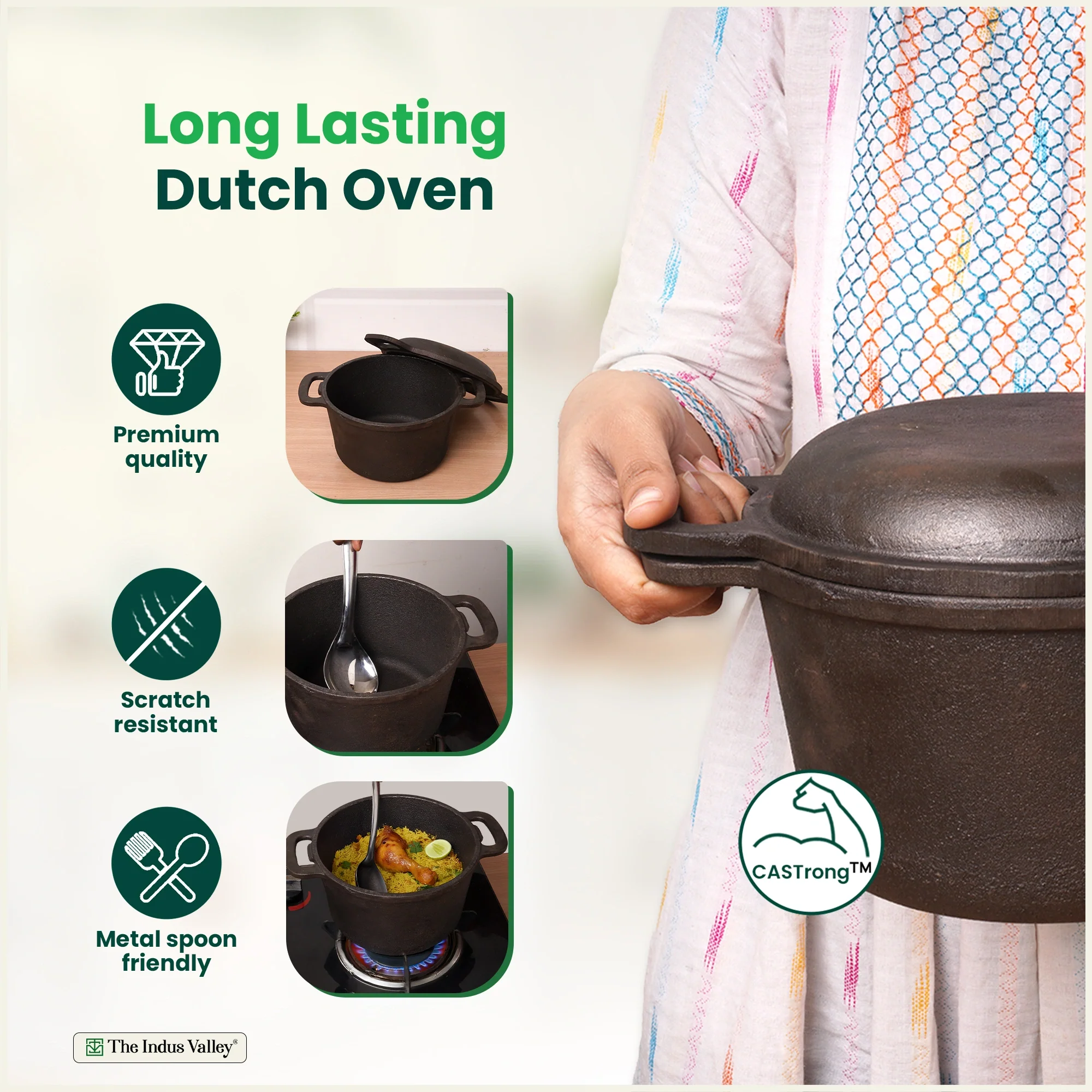 CASTrong Cast Iron Dutch Oven/ Casserole 3L with Lid,Pre-seasoned, 100% Pure, Toxin-free, Induction  21.4cm, 5.14kg - Image 7