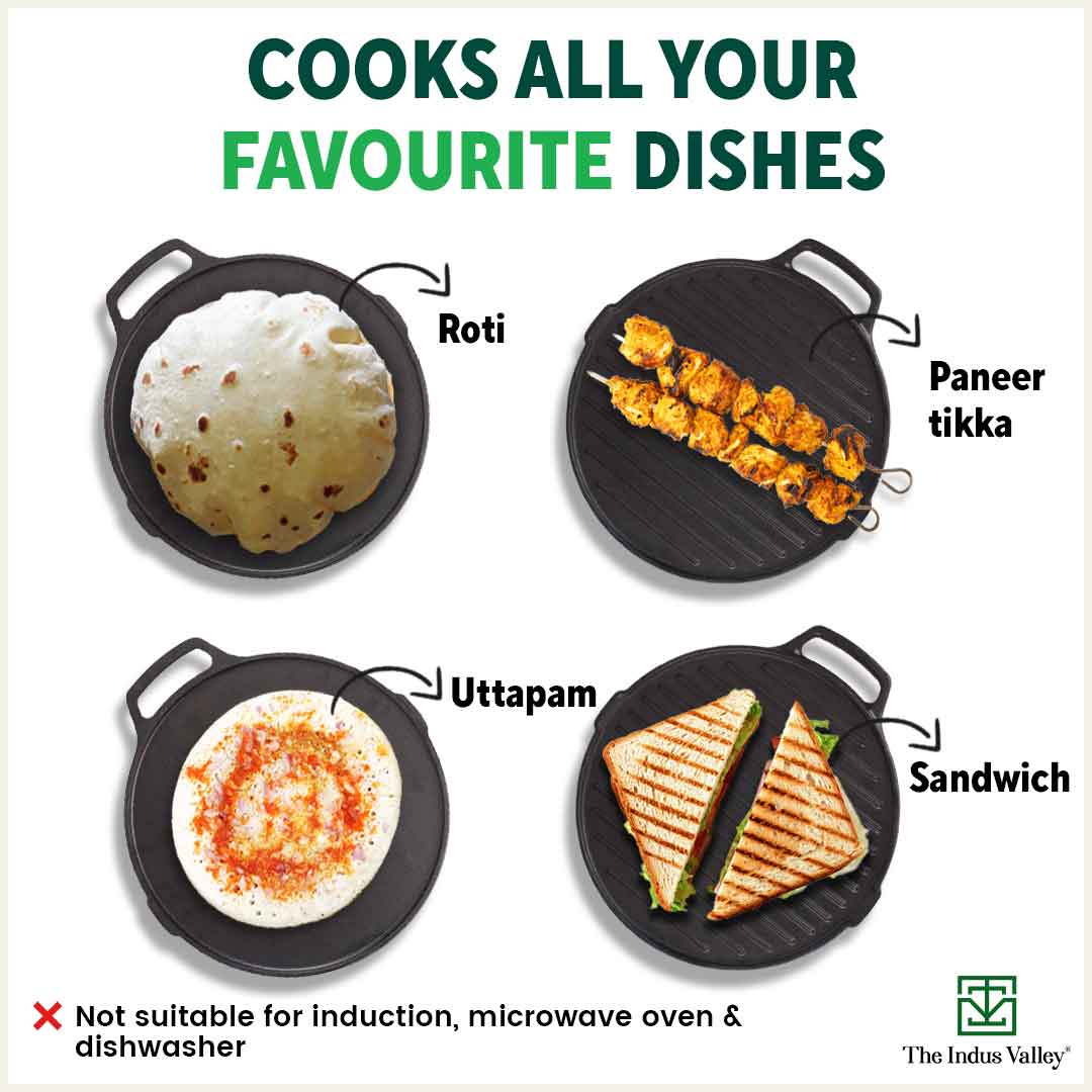 CASTrong Cast Iron 2-in-1 Griddle (Grill Pan + Tawa)26 cm, Pre-seasoned, 100% Pure, Toxin-free, Induction, Round 2.1 Kg - Image 11