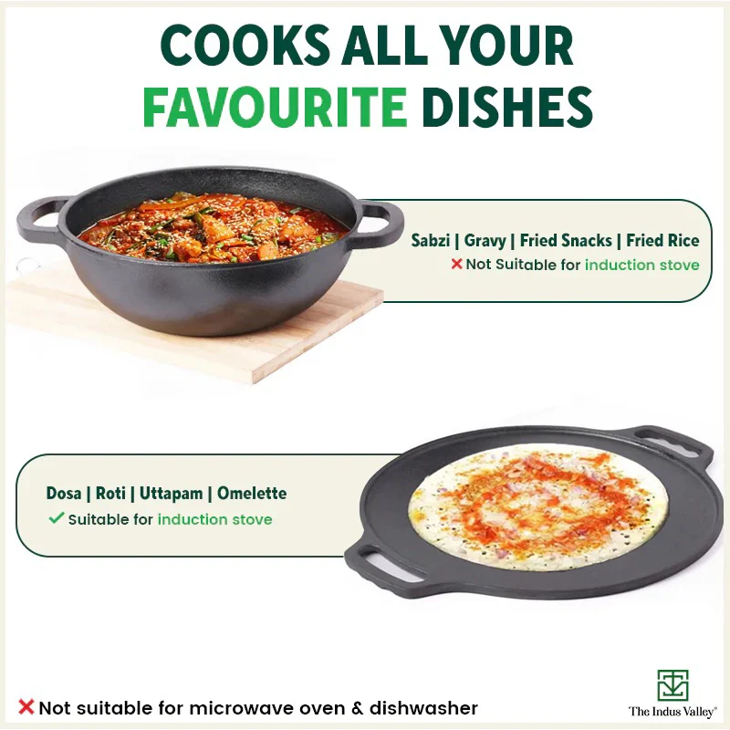 CASTrong Cast Iron Cookware Set: (30.2cm)Tawa+ (25.4cm)Kadai, Kitchen Set for Home, Pre-seasoned, 100% Pure, Toxin-free, Induction, Free ₹400 Tadka Pan - Image 11