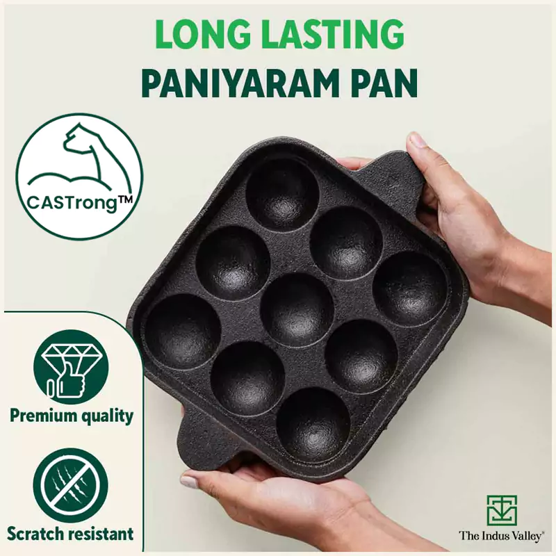 9 Pit/Cup CASTrong Cast Iron Paniyaram/Appe Pan 18.2 cm + Free Spatula, Pre-seasoned, Natural Nonstick, 100% Pure, Toxin-free - Image 10