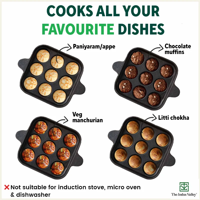 9 Pit/Cup CASTrong Cast Iron Paniyaram/Appe Pan 18.2 cm + Free Spatula, Pre-seasoned, Natural Nonstick, 100% Pure, Toxin-free - Image 11