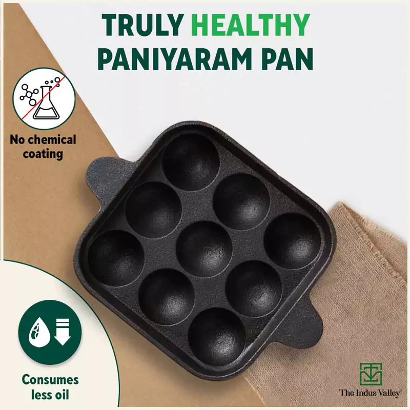 9 Pit/Cup CASTrong Cast Iron Paniyaram/Appe Pan 18.2 cm + Free Spatula, Pre-seasoned, Natural Nonstick, 100% Pure, Toxin-free - Image 4
