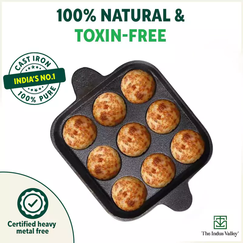 9 Pit/Cup CASTrong Cast Iron Paniyaram/Appe Pan 18.2 cm + Free Spatula, Pre-seasoned, Natural Nonstick, 100% Pure, Toxin-free - Image 5