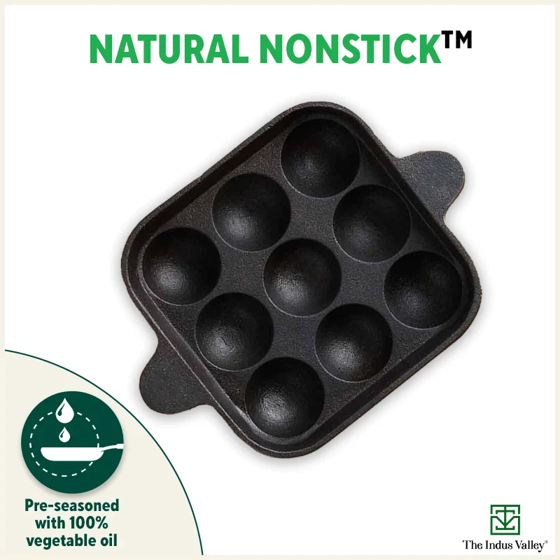 9 Pit/Cup CASTrong Cast Iron Paniyaram/Appe Pan 18.2 cm + Free Spatula, Pre-seasoned, Natural Nonstick, 100% Pure, Toxin-free - Image 8