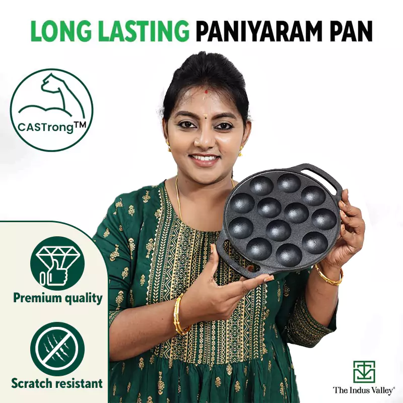 12 Pit/Cup CASTrong Cast Iron Kuzhi Paniyaram/Paddu Pan/Appe Maker 21 cm, Pre-seasoned, 100% Pure, Toxin-free, Gas & Induction, Free Spatula - Image 10