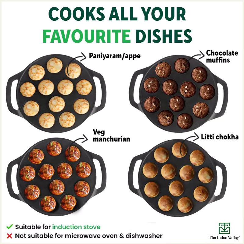 12 Pit/Cup CASTrong Cast Iron Kuzhi Paniyaram/Paddu Pan/Appe Maker 21 cm, Pre-seasoned, 100% Pure, Toxin-free, Gas & Induction, Free Spatula - Image 11