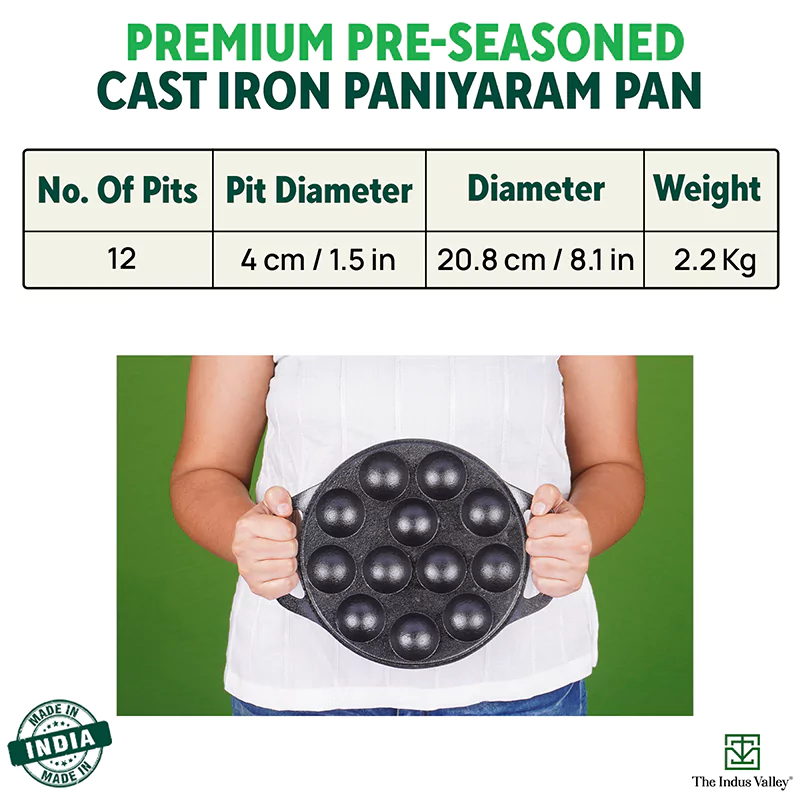 12 Pit/Cup CASTrong Cast Iron Kuzhi Paniyaram/Paddu Pan/Appe Maker 21 cm, Pre-seasoned, 100% Pure, Toxin-free, Gas & Induction, Free Spatula - Image 3