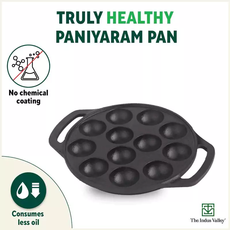 12 Pit/Cup CASTrong Cast Iron Kuzhi Paniyaram/Paddu Pan/Appe Maker 21 cm, Pre-seasoned, 100% Pure, Toxin-free, Gas & Induction, Free Spatula - Image 4