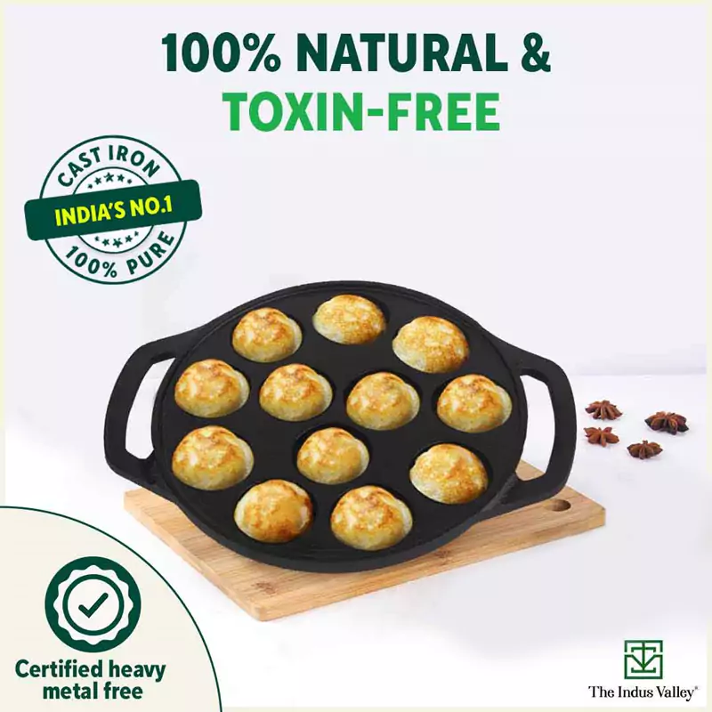 12 Pit/Cup CASTrong Cast Iron Kuzhi Paniyaram/Paddu Pan/Appe Maker 21 cm, Pre-seasoned, 100% Pure, Toxin-free, Gas & Induction, Free Spatula - Image 5
