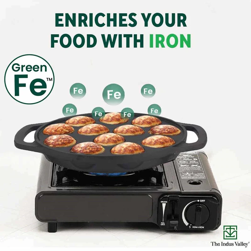 12 Pit/Cup CASTrong Cast Iron Kuzhi Paniyaram/Paddu Pan/Appe Maker 21 cm, Pre-seasoned, 100% Pure, Toxin-free, Gas & Induction, Free Spatula - Image 6