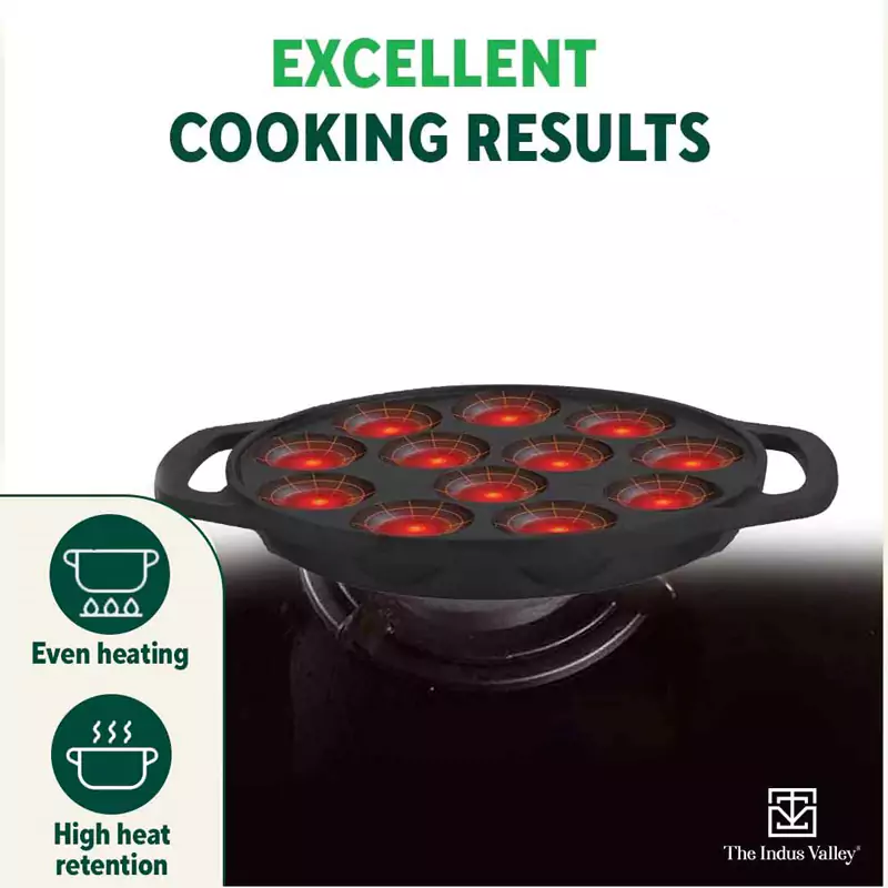 12 Pit/Cup CASTrong Cast Iron Kuzhi Paniyaram/Paddu Pan/Appe Maker 21 cm, Pre-seasoned, 100% Pure, Toxin-free, Gas & Induction, Free Spatula - Image 7