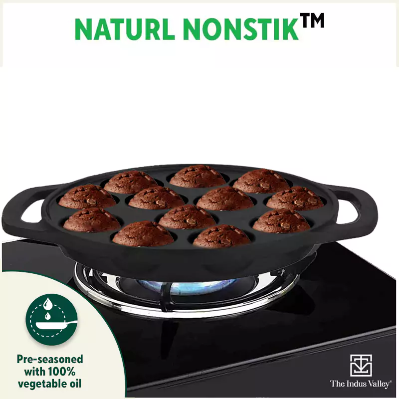 12 Pit/Cup CASTrong Cast Iron Kuzhi Paniyaram/Paddu Pan/Appe Maker 21 cm, Pre-seasoned, 100% Pure, Toxin-free, Gas & Induction, Free Spatula - Image 8