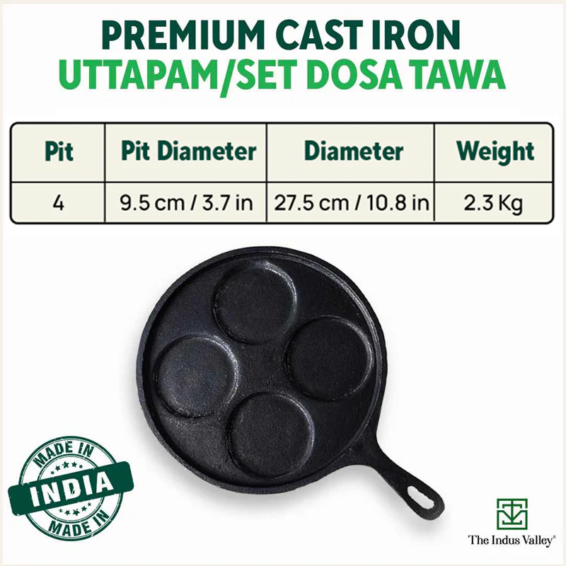 CASTrong Cast Iron Uttapam/ Set Dosa Tawa 27.5cm, 4 Pit,Pre-seasoned, 100% Pure, Toxin-free, Induction - Image 3