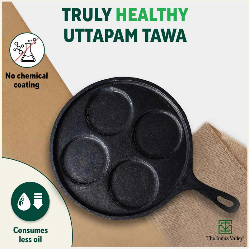 CASTrong Cast Iron Uttapam/ Set Dosa Tawa 27.5cm, 4 Pit,Pre-seasoned, 100% Pure, Toxin-free, Induction - Image 4