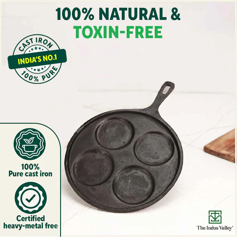 CASTrong Cast Iron Uttapam/ Set Dosa Tawa 27.5cm, 4 Pit,Pre-seasoned, 100% Pure, Toxin-free, Induction - Image 5