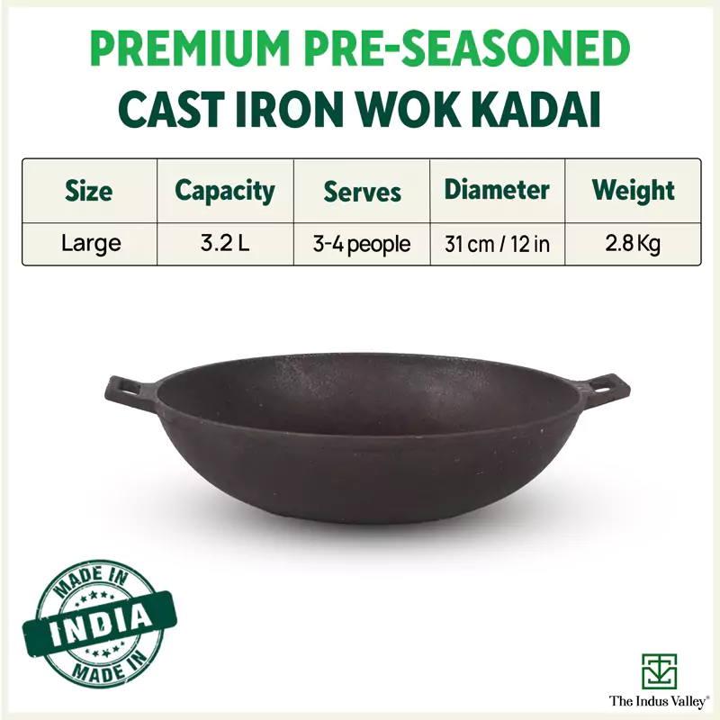 CASTrong Cast Iron Wok Kadai 31cm 3.2L, Pre-seasoned, 100% Pure, Toxin-free - Image 2