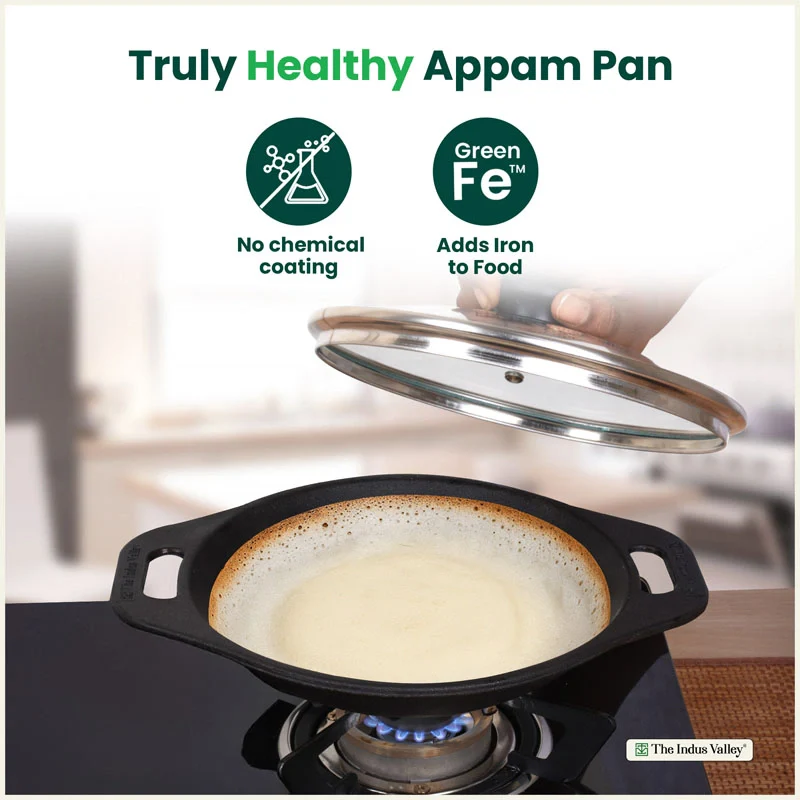 Premium CASTrong Cast Iron Appam Pan/Appa chetty 22cm for Kitchen, Glass Lid, Pre-seasoned, Naturally Nonstick, 100% Pure, Toxin-free, Induction, 1.5kg - Image 3