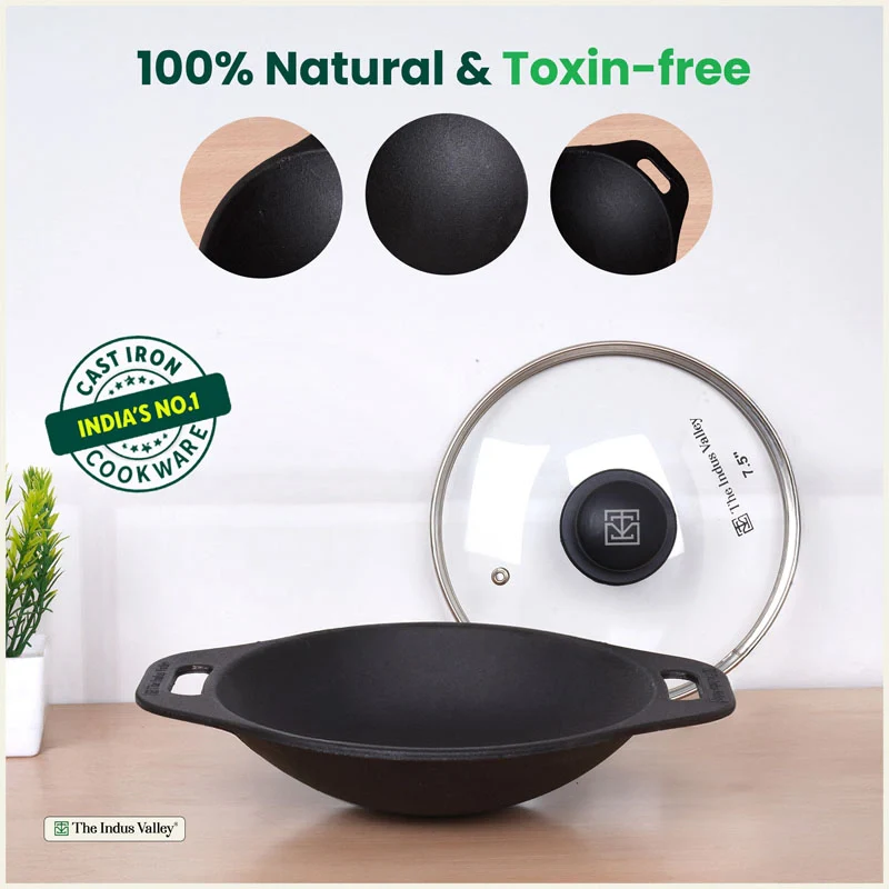 Premium CASTrong Cast Iron Appam Pan/Appa chetty 22cm for Kitchen, Glass Lid, Pre-seasoned, Naturally Nonstick, 100% Pure, Toxin-free, Induction, 1.5kg - Image 4