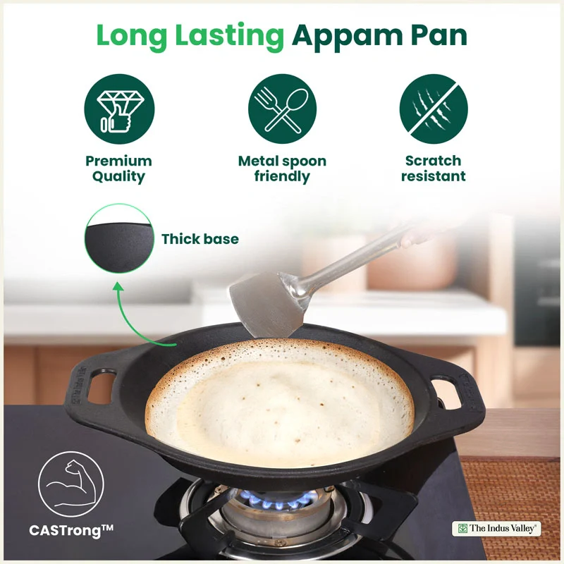 Premium CASTrong Cast Iron Appam Pan/Appa chetty 22cm for Kitchen, Glass Lid, Pre-seasoned, Naturally Nonstick, 100% Pure, Toxin-free, Induction, 1.5kg - Image 8