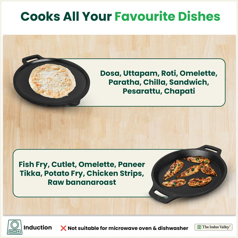 CASTrong Cast Iron Combo - Tawa [27.5 cm] + Fish Fry Pan [22.5 cm] + Free Wooden Flip, Pre-seasoned, 100% Pure, Toxin-free, Induction Compatible - Image 9