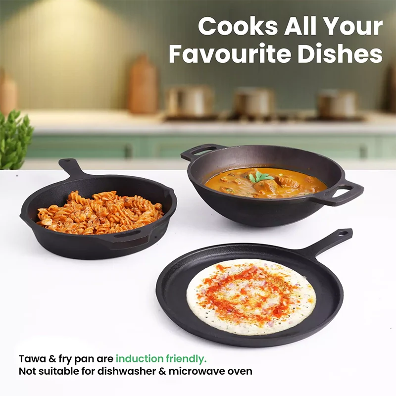 CASTrong Cast Iron Cookware Set: Free 400 Tadka Pan + Cast Iron Tawa With Handle (25cm)(Pre Seasoned) + Cast Iron Kadai Wok Model(26cm) + Cast Iron Fry Pan(25cm), Kitchen set for Home, 100% Pure, Toxin-free - Image 9