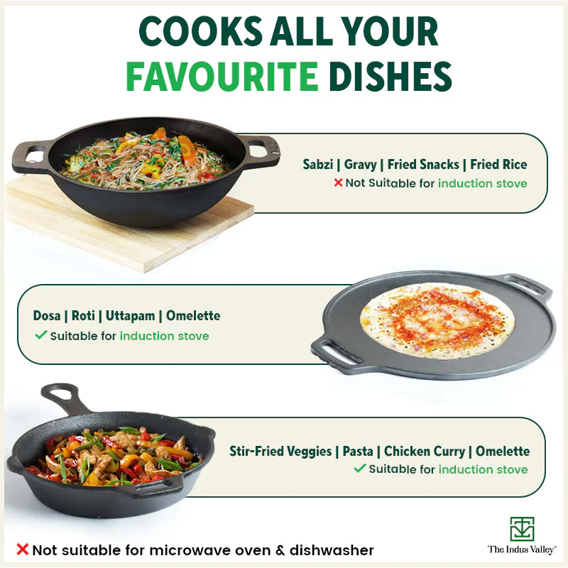 CASTrong Cast Iron Cookware Set: Free ₹110 Spatula +(30.5cm)Tawa+(25.4cm)Kadai+(22.9cm)Fry Pan, Kitchen set for Home, Pre-seasoned,100% Pure,Toxin-free - Image 10