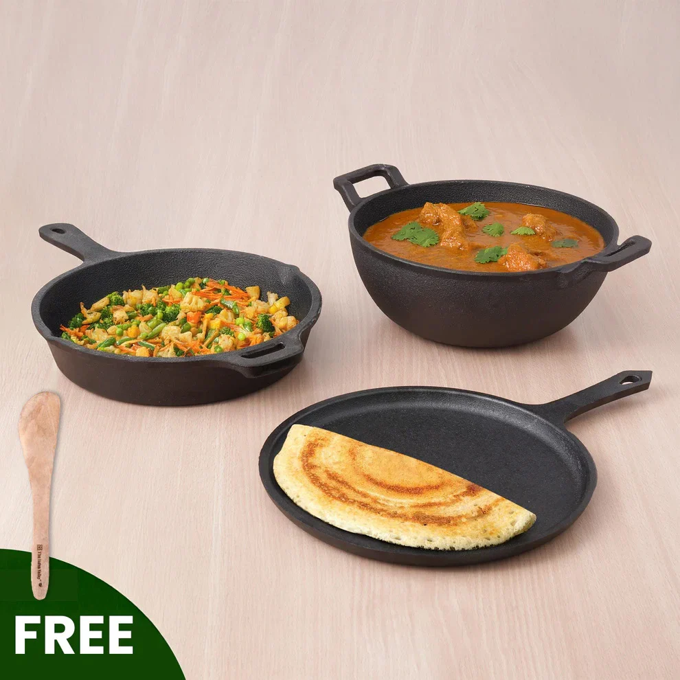 CASTrong Cast Iron Cookware Set: (25.7cm)Tawa+(25cm)Kadai+(25cm)Frypan+Free Flip,Kitchen set for Home, Pre-seasoned,100% Pure,Induction