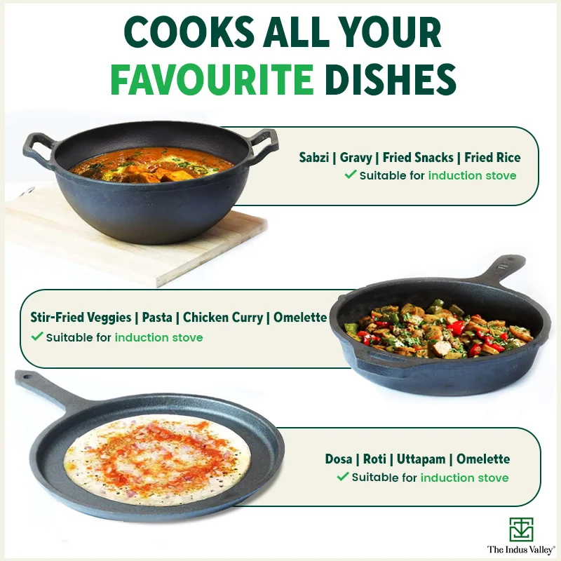 CASTrong Cast Iron Cookware Set: (25.7cm)Tawa+(25cm)Kadai+(25cm)Frypan+Free Flip,Kitchen set for Home, Pre-seasoned,100% Pure,Induction - Image 11