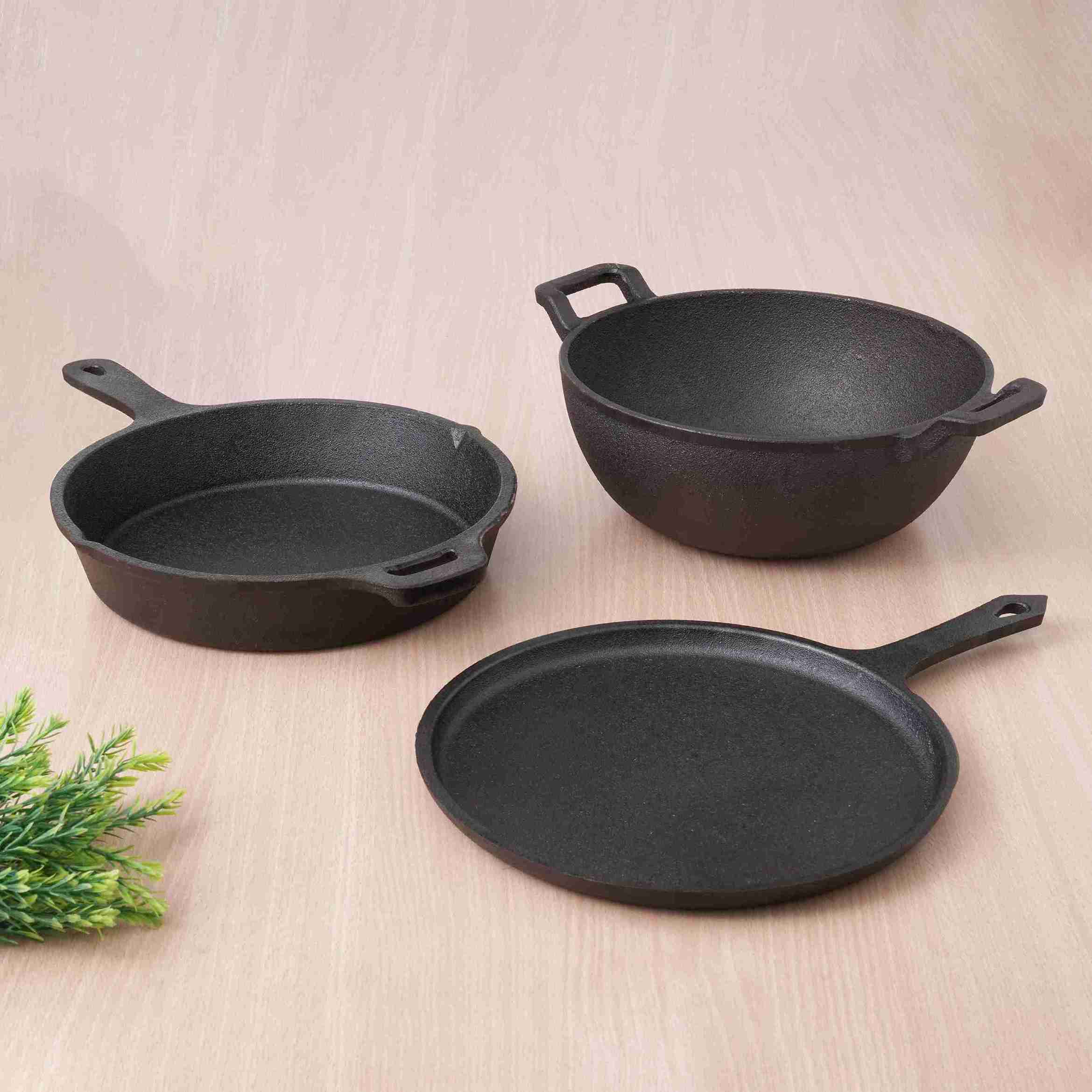 CASTrong Cast Iron Cookware Set: (25.7cm)Tawa+(25cm)Kadai+(25cm)Frypan+Free Flip,Kitchen set for Home, Pre-seasoned,100% Pure,Induction - Image 15