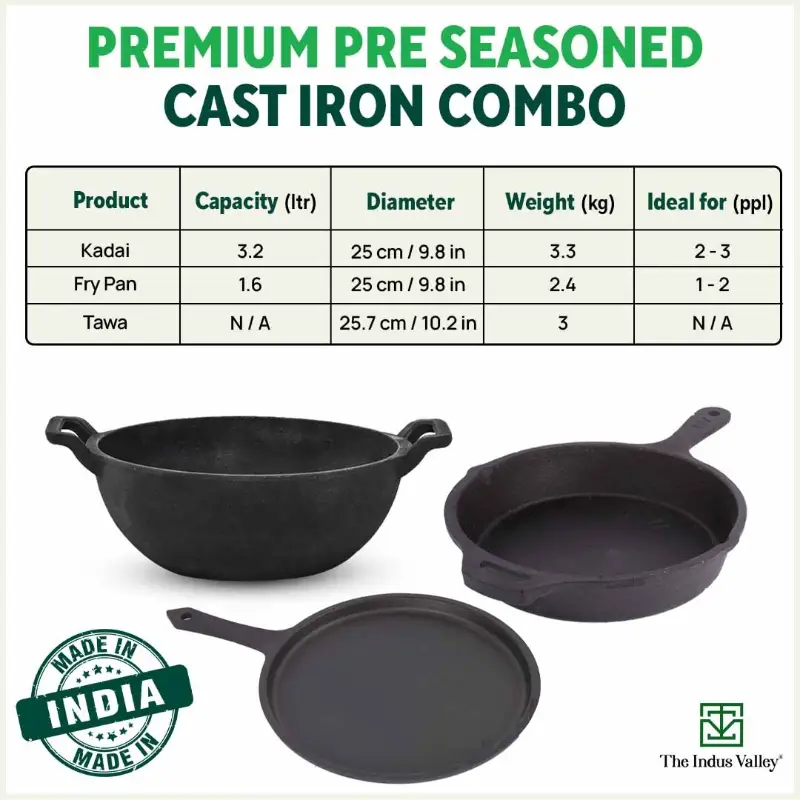 CASTrong Cast Iron Cookware Set: (25.7cm)Tawa+(25cm)Kadai+(25cm)Frypan+Free Flip,Kitchen set for Home, Pre-seasoned,100% Pure,Induction - Image 3