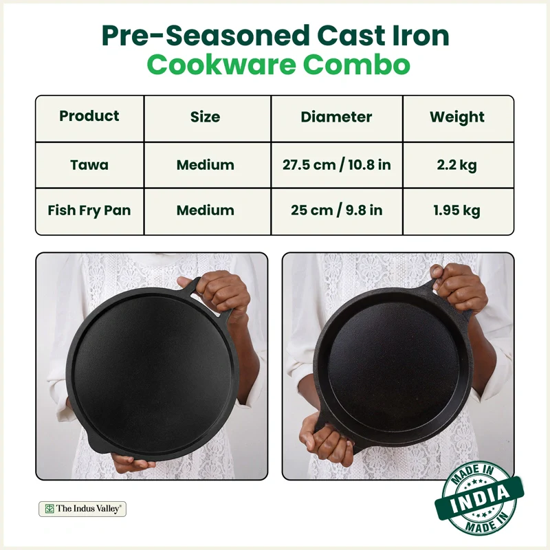 CASTrong Cast Iron Cookware Set - Tawa [27.5 cm] + Fish Fry Pan [25 cm] + Free Wooden Flip, Pre-seasoned, 100% Pure, Toxin-free, Induction Compatible - Image 2